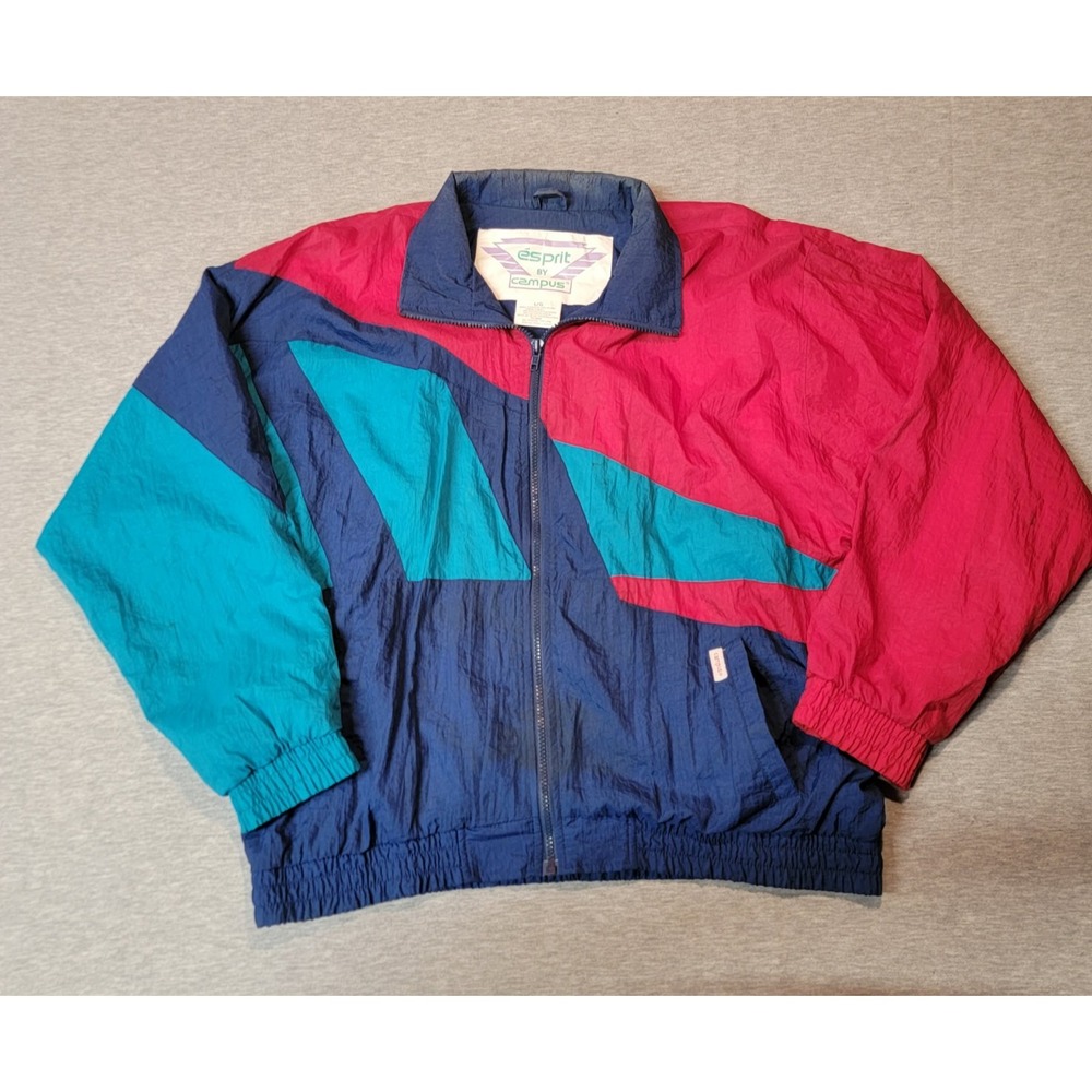 Esprit by Campus Vintage Windbreaker Jacket Men L Teal Red Blue Colorblock Retro